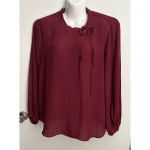 Gibson Latimer Women Burgundy Long Sleeve Blouse Tie Neck Size L